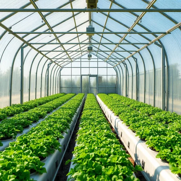 Commercial greenhouse interior with vegetable crops